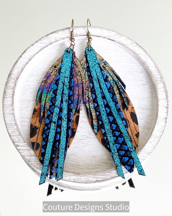 Peacock Cheetah Leather Feather Earrings, Leather Fringe Earrings, Feather Earrings, Boho Earrings, Statement Leather Earrings