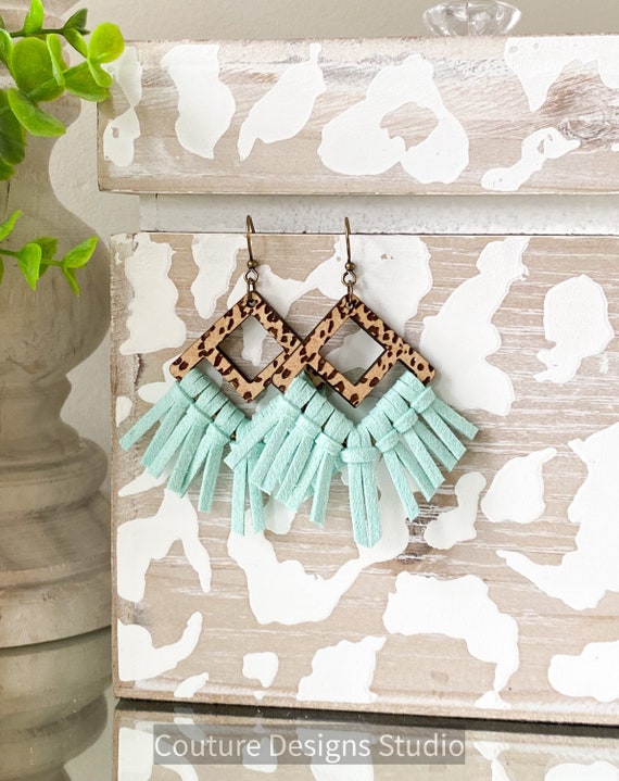 Mint Spotted Leopard Fringe Earrings, Mint Green Earrings, Boho Earrings, Wood and Fringe Earrings, Tassel Earrings