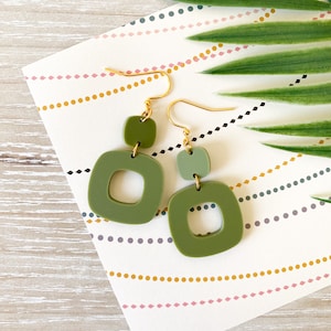 Olive Retro Square Hoop Earrings | Moss Green Square Earrings | Small Matte Acrylic Earrings | Modern Olive Green Earrings