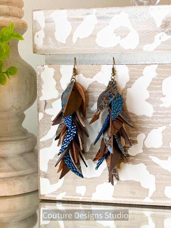 Brown & Teal Leather Earrings, Leather Feather Earrings, Leather Fringe Earrings, Boho Earrings, Leather Leaf Earrings, 4 Inch