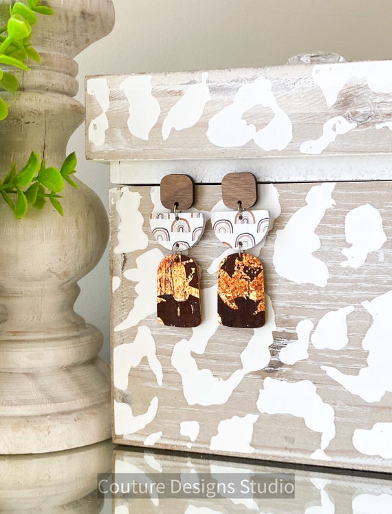 Rainbow Geometric Earrings, White Leather Earrings, Cork Leather Earrings, Bronze Leather Earrings, Boho Earrings