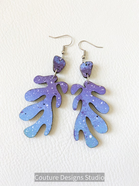 Ombré Abstract Wood Earrings, Purple and Blue Wood Earrings, Seaweed Earrings, Unique Dangle Earrings, Boho Earrings, Ombré Earrings