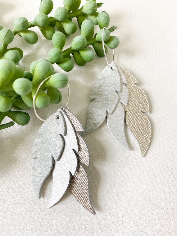 Silver Leather Feather Hoop Earrings - Leather Feather Earrings, Boho Earrings, Silver Leather Earrings, Platinum Leather Earrings