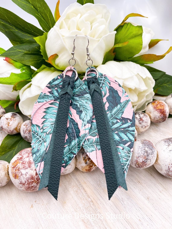 Pink Leather Feather Earrings - Leather Feather Earrings, Leather Fringe Earrings, Tropical Leather Earrings, Boho Leather Earrings, 4.5”