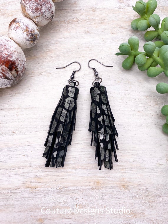 Black Leopard Leather Tassel Earrings - Leather Fringe Earrings, Genuine Leather Earrings, Black Leather Earrings, Boho Leather Earrings