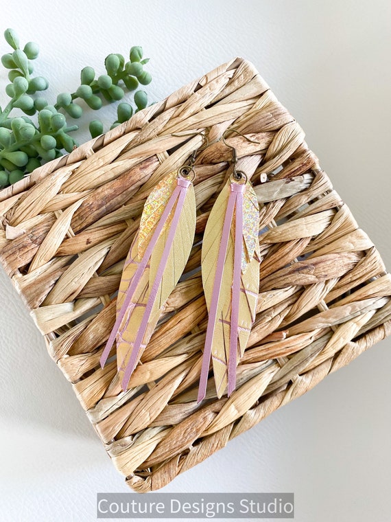 Pink and Gold Fairy Leather Feather Earrings - Gold Leather Fairy Wing Earrings, Boho Leather Earrings, Pink and Gold Earrings