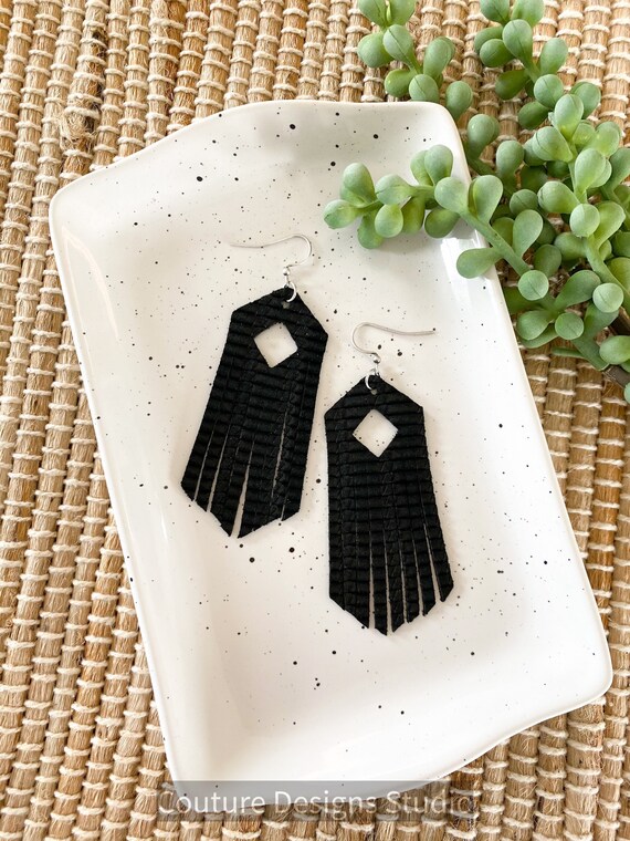 Boho Leather Fringe Earrings - Leather Fringe Earrings, Genuine Leather Earrings, Silver Leather Earrings, Black Leather Earrings, 3.5 Inch