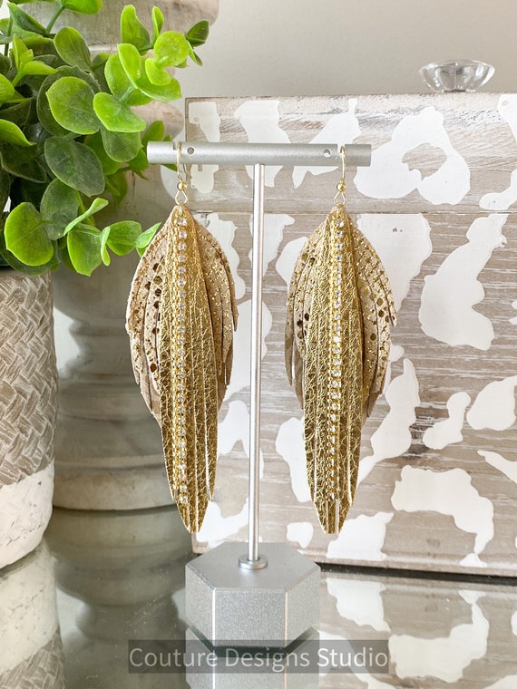 Gold Leather Feather Earrings, Gold Fringe Earrings, Rhinestone Gold Leather Earrings, Boho Earrings, Gold Snakeskin Feathers Earrings
