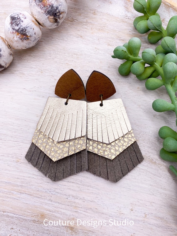 Wood Fringed Leather Earrings - Leather Fringe Earrings, Wood & Leather Stud Earrings, Boho Leather Earrings, Western Earrings