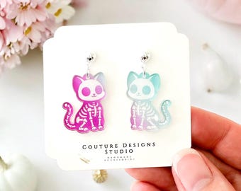 Ombre Skeleton Cat Earrings | Cat Halloween Earrings | Cat Skeleton Earrings | Halloween Skeleton Earrings