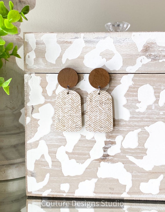 Neutral Herringbone Post Earrings, Wood & Leather Earrings, Cork Stud Earrings, Neutral Earrings, Boho Earrings, Post Earrings