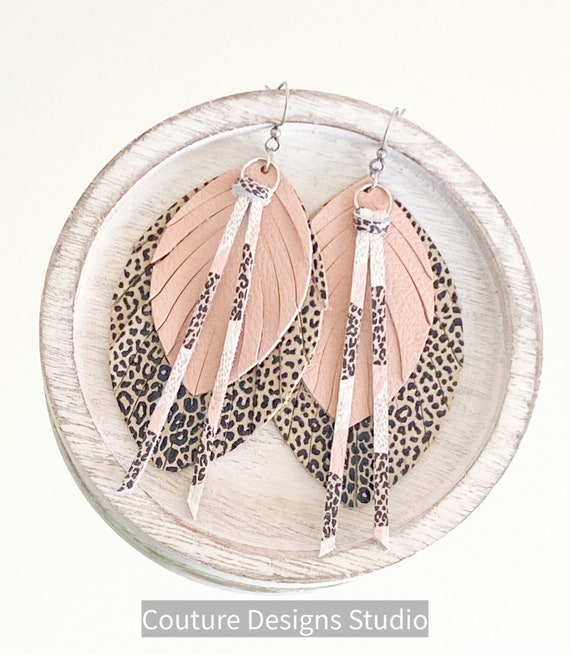 Blush Cheetah Leather Feather Earrings - Leopard Feather Earrings, Leather Fringe Earrings, Nude Leather Feather Earrings, 3.5 Inches