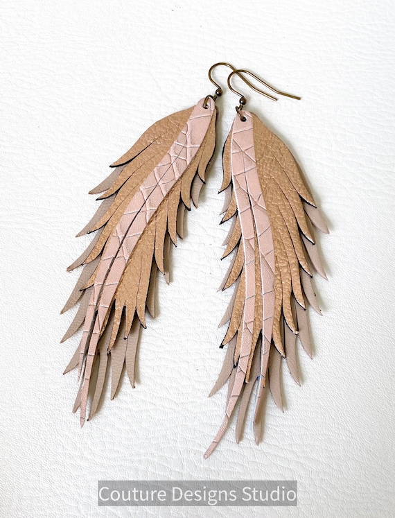 Nude Leather Feather Earrings, Rose Gold Feather Earrings, Nude Feather Earrings, Boho Earrings, Long Leather Feather Earrings