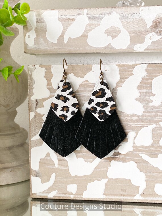 Cheetah Fringe Leather Earrings, Leather Fringe Earrings, Boho Earrings, Black and White Leather Earrings, Boho Earrings