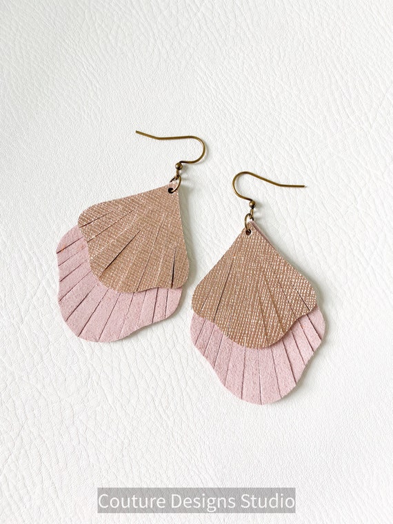 Ginkgo Leaf Leather Earrings, Leather Fringe Earrings, Ginkgo Earrings, Boho Earrings, Rose Gold Leather Earrings, Pink Leather Earrings
