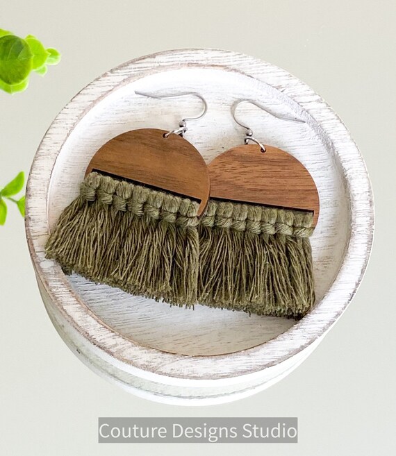 Macrame Wood Earrings, Boho Earrings, Wooden Earrings, Fringe Earrings, Wood Macrame Earrings, Olive Earrings, Terracotta Earrings
