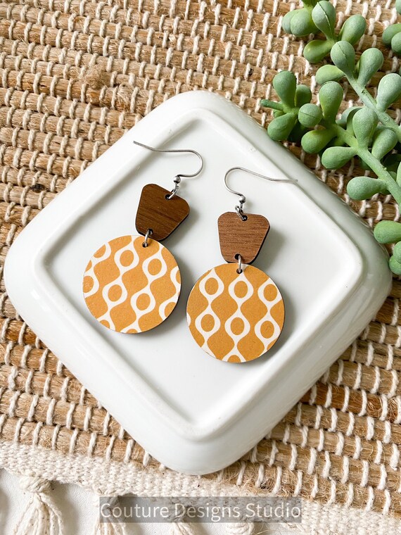 Geometric Mustard and White Circle Earrings - Boho Wood Earrings - Round Modern Earrings