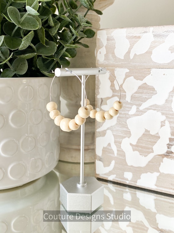 Wood Bead Earrings, Beaded Hoop Earrings, Hoop Earrings, Beaded Hoop Earrings, Natural Bead Wood Earrings, Ivory or Honey Wood Bead Earrings
