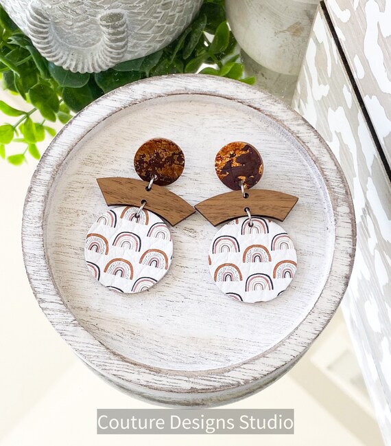 Rainbow Circle Earrings, White Leather Earrings, Cork Earrings, Bronze Leather Earrings, Boho Earrings, Geometric Earrings