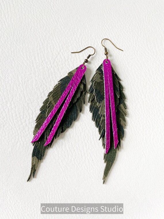 Green Camo Leather Feather Earrings, Leather Fringe Earrings, Leather Feather Earrings, Boho Earrings, Genuine Leather Earrings, 4.75 Inches