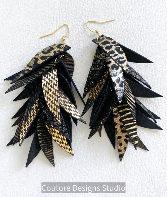 Black and Gold Leather Earrings, Gold Glitter Leather Earrings, Leather Fringe Earrings, Boho Earrings, Leather Leaf Earrings, 4 Inch