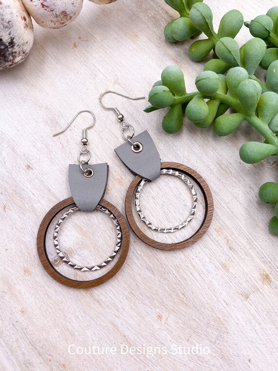 Leather & Wood Earrings - Hoop Earrings, Earrings, Boho Wood Earrings, Gray Leather Earrings, Boho Leather Earrings