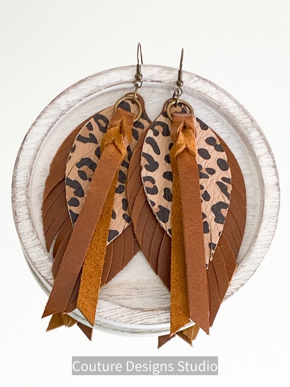 Cheetah Leather Feather Earrings - Boho Leather Earrings, Leather Fringe Earrings, Brown Leather Feather Earrings, 4.5 Inches