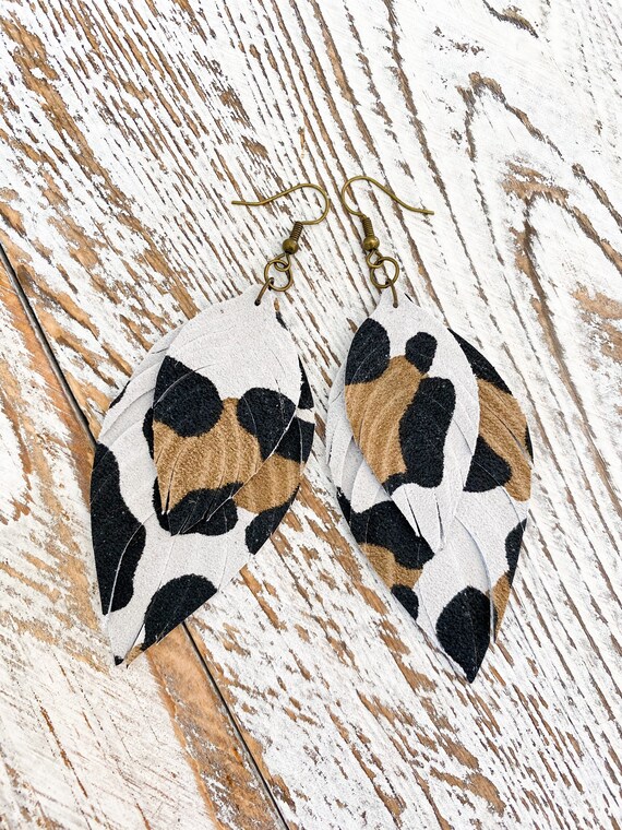 Cheetah Leather Feather Earrings - Boho Leather Earrings, Leather Feather Earrings, Leather Fringe Earrings, Leopard Suede, 3.5 Inches Long