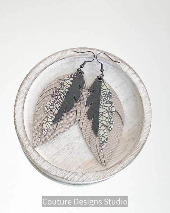 Pewter Gray Leather Feather Earrings - Boho Leather Earrings, Leather Fringe Earrings, Leather Feather Earrings, Boho Earrings, 3.75 Inches