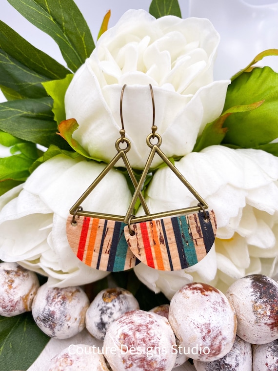 Boho Stripes Cork Earrings - Triangular Earrings, Boho Earrings, Semi-Circle Earrings, Cork Leather Earrings, Genuine Leather Earrings