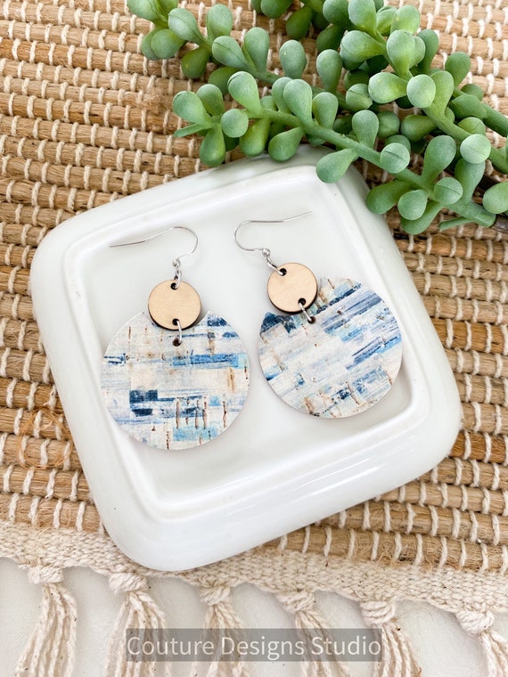 Circle Wood and Cork Earrings, Blue and White Brushstroke Cork Earrings, Boho Cork Earrings, Round Cork Earrings