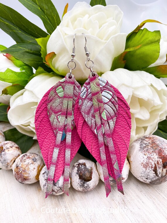 Hot Pink Leather Feather Earrings - Boho Leather Earrings, Leather Feather Earrings, Leather Fringe Earrings, Metallic Leather, 3.5 Inch