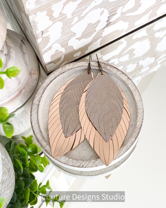 Rose Gold Leather Feather Earrings - Leather Feather Earrings, Leather Fringe Earrings, Leather Feather Earrings, 4.5 Inches