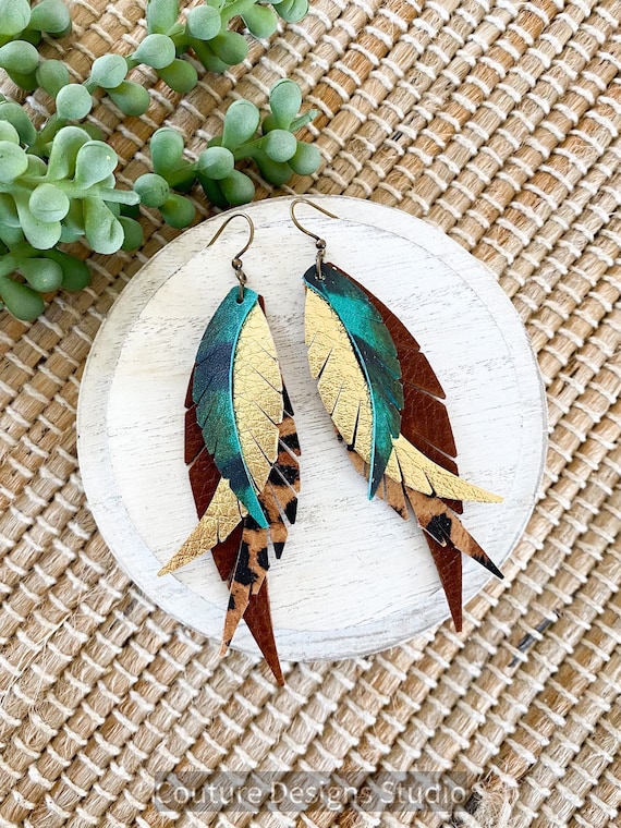 Boho Leather Feather Earrings - Fringed Leather Feather Earrings - Pheasant Leather Earrings - Turquoise Pheasant Feather Earrings