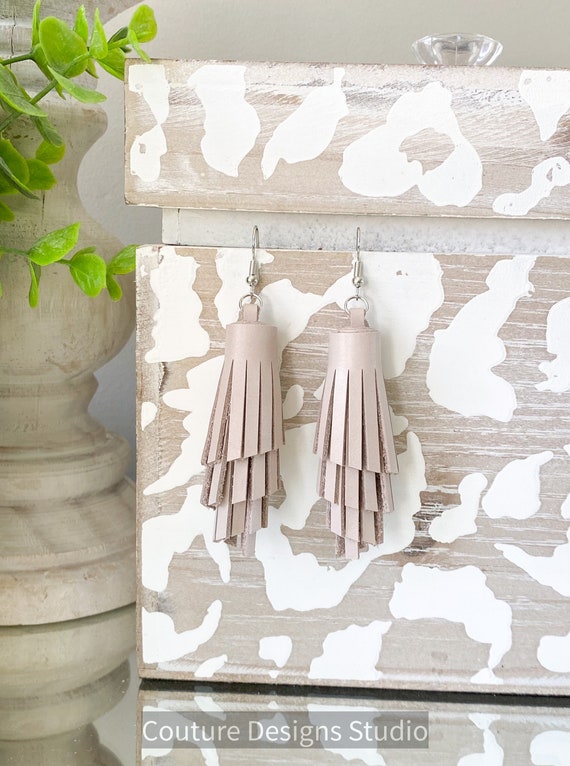 Nude Leather Tassel Earrings - Leather Fringe Earrings, Genuine Leather Earrings, Pink Leather Earrings, Boho Leather Earrings