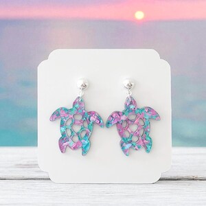 Sea Turtle Earrings | Glitter Turtle Tropical Earrings | Sea Turtle Ocean Earrings | Sea Turtle Beach Earrings Aqua/Purple Glitter