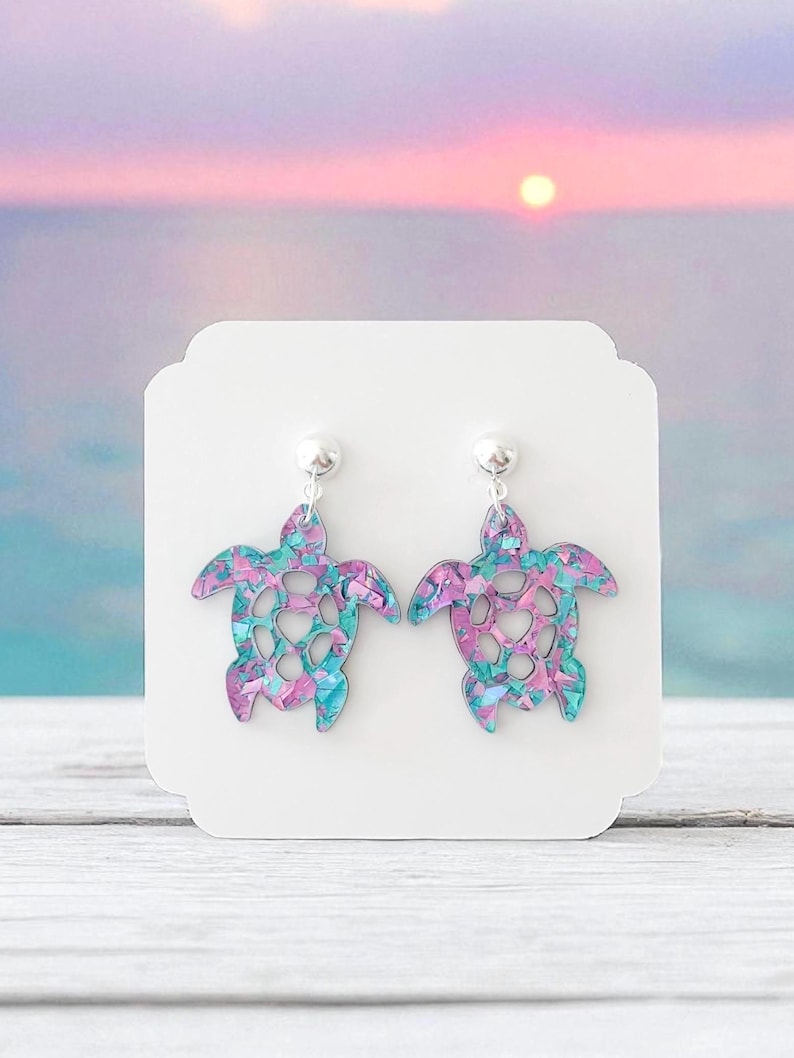 Sea Turtle Earrings | Glitter Turtle Tropical Earrings | Sea Turtle Ocean Earrings | Sea Turtle Beach Earrings Aqua/Purple Glitter