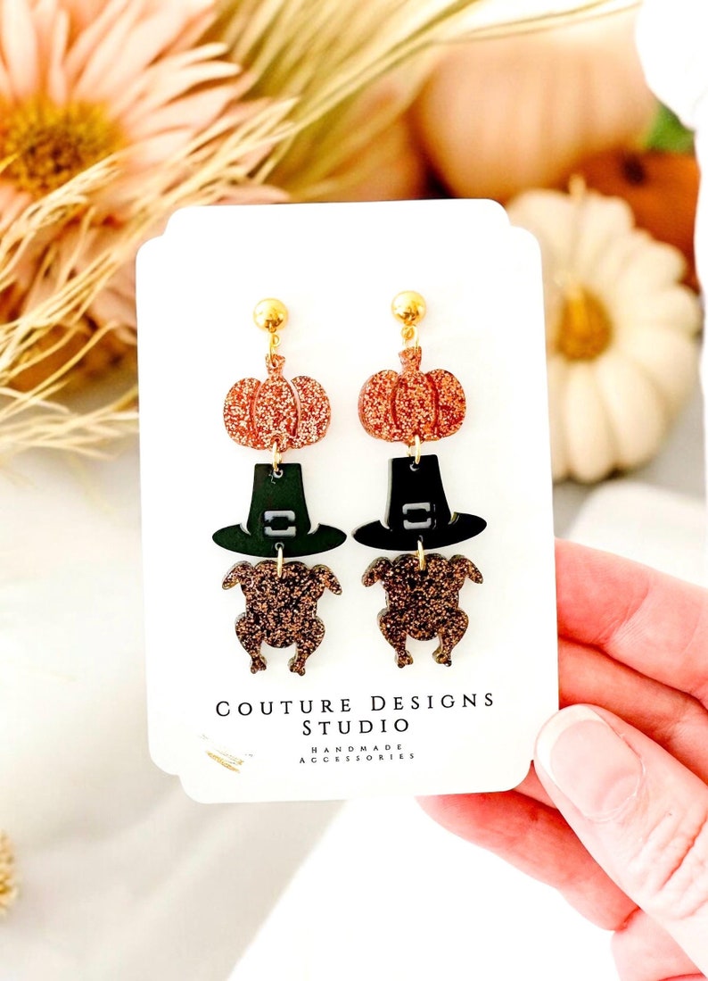 Thanksgiving Pumpkin, Pilgrim Hat and Turkey Stacked Acrylic Earrings