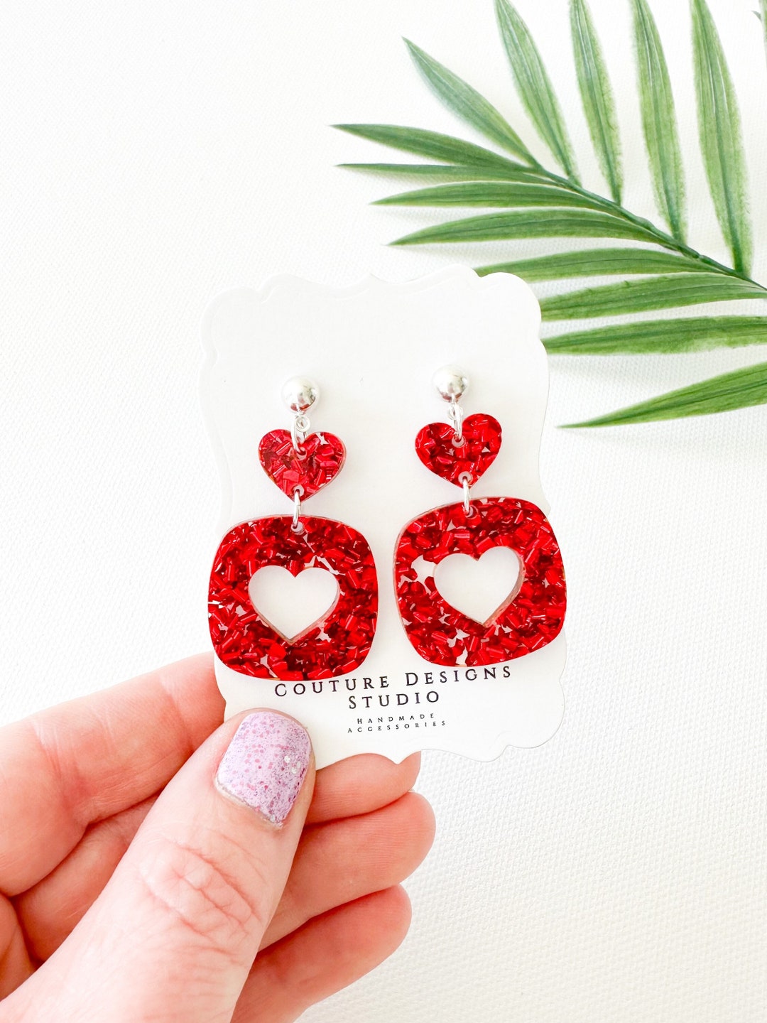 Valentines Day Heart Earrings Red Glitter Heart Earrings Red Confetti