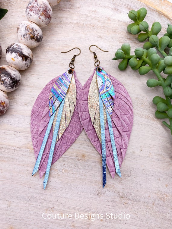 Oil Spill Leather Feather Earrings - Leather Fringe Earrings, Lilac Leather Feather Earrings, 4.5 Inches