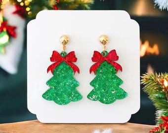 Cute Christmas Tree Earrings, Xmas Tree Holiday Earrings, Christmas Tree Bow Earrings, Christmas Earrings, Festive Tree Earrings