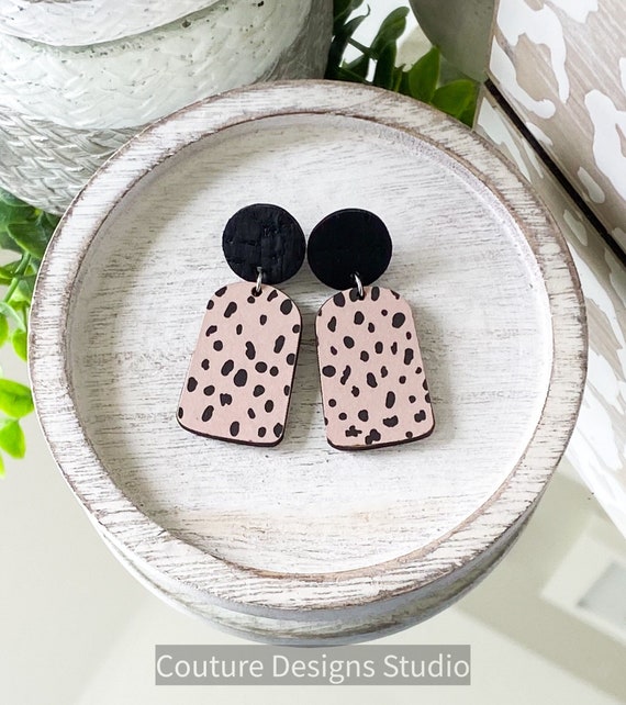 Pink & Black Leopard Stud Earrings, Wood and Leather Earrings, Cork Stud Earrings, Pink Leopard Earrings, Boho Earrings, Post Earrings