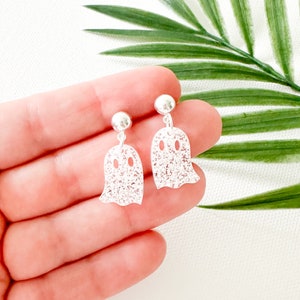 Black & White Glitter Ghost Stud Earrings (H144) - Spooky Cute Halloween Jewelry