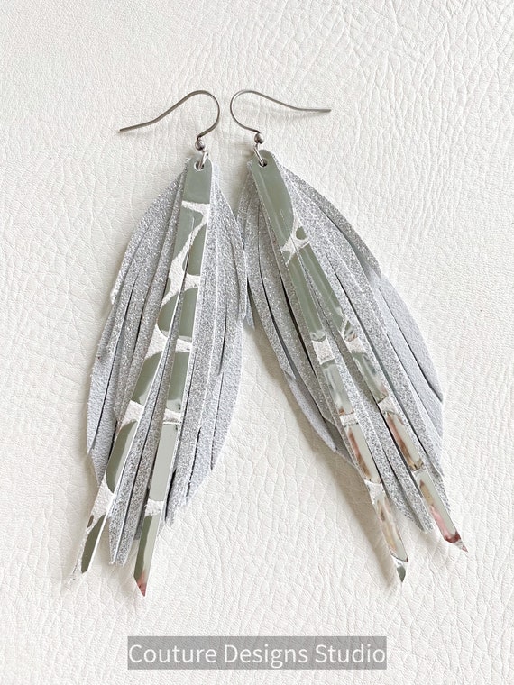 White and Silver Shimmer Leather Feather Earrings - Leather Feather Earrings, Leather Fringe Earrings, Boho Leather Earrings, 5.5”