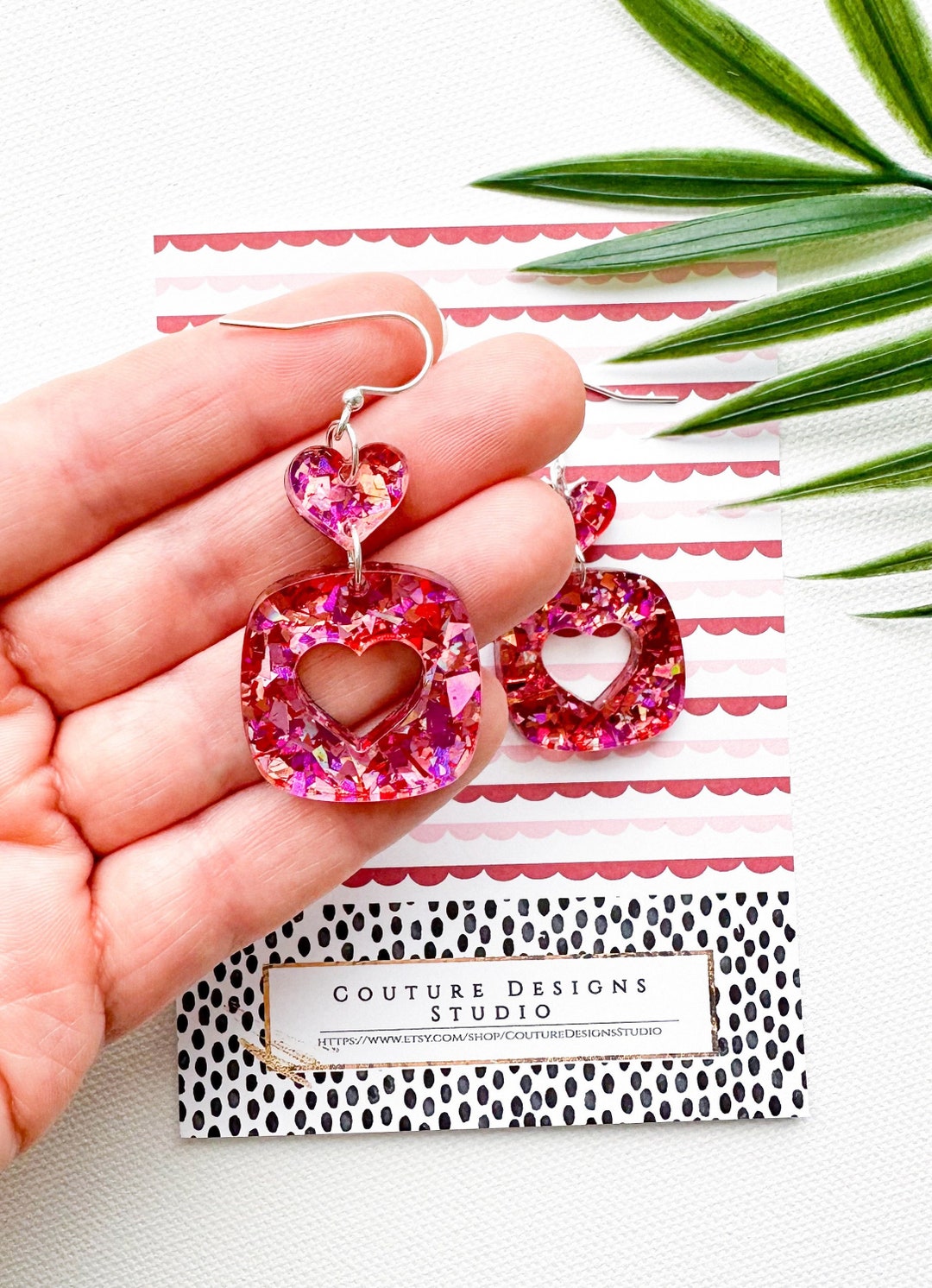 Glitter Heart Valentines Day Earrings Red and Pink Flake Glitter Heart