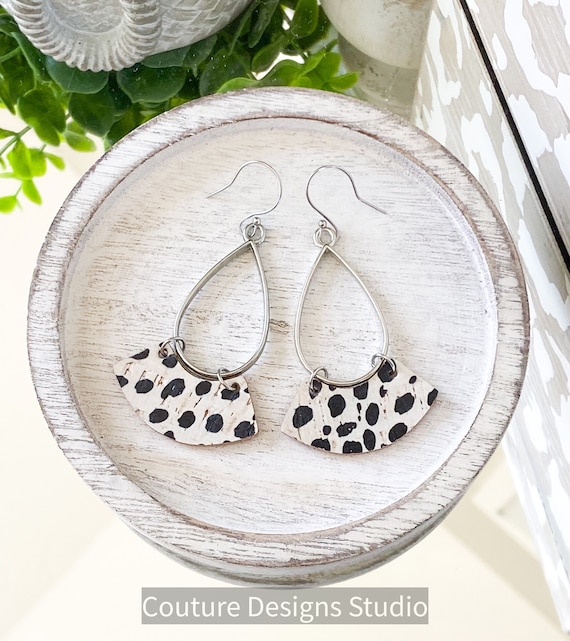 Black and White Dalmatian Leather Earrings - Cork Earrings, Teardrop Leather Earrings, Spotted Leather Earrings, Boho Earrings