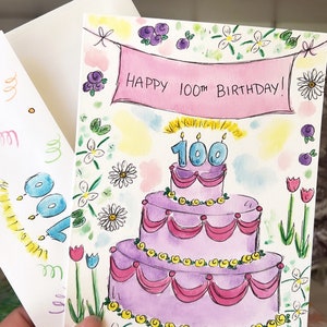 Carte 100e anniversaire florale, carte faite main 100e anniversaire, joyeux 100 ans, carte 100e anniversaire personnalisée, carte d'anniversaire peinte à la main