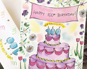 100th birthday card handmade card watercolor floral,  happy 100 years old, 100th birthday custom birthday card, hand painted birthday card