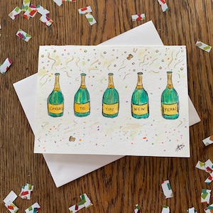 Bravo à la carte de nouvel an, carte de Saint-Sylvestre faite main, carte de champagne de Saint-Sylvestre