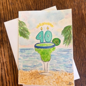 Handmade 40th Birthday Card: Beach Margarita Watercolor